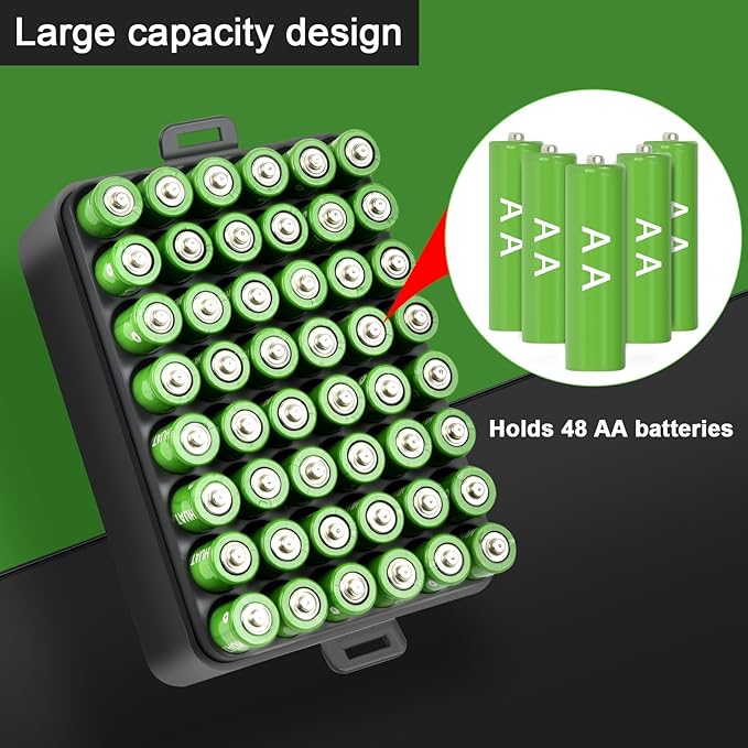ALCYON Battery Organizer Storage Case, Battery Vault Box Container for 48pcs AA Batteries, Plastic Clear Protective Battery Holder for Travelling/Home/Office (Black, Large)