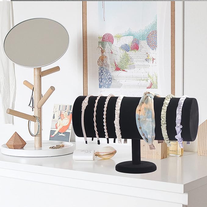 Coward T-Bar Beige Headband Holder Organizer,Hairband Display Stand,Hairband Storage Rack for Girls And Women (detachable black velvet)
