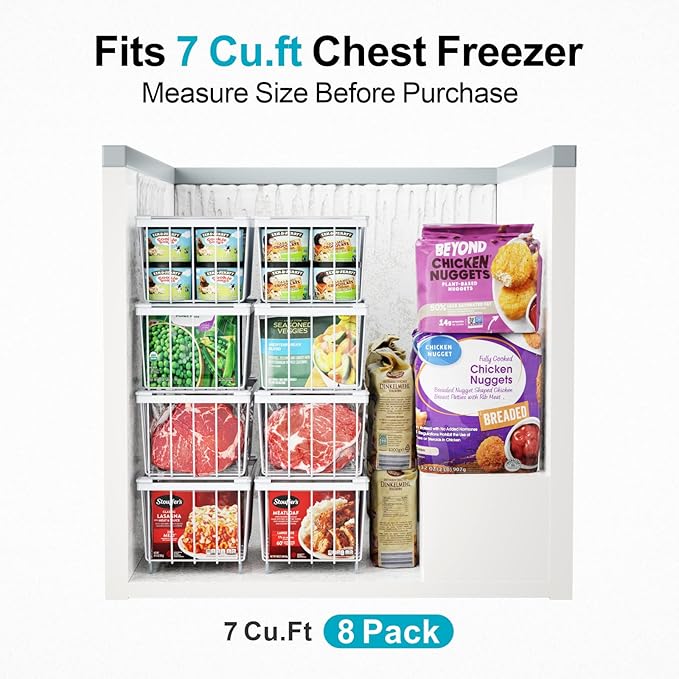 iSPECLE Deep Freezer Organizer Bins - 4 Pack Small Stackable Freezer Baskets for 7 Cu.ft Chest Freezer, Easy Access Food No More Digging, Sturdy Metal Metal Wire Basket Not Scratch Bottom, White