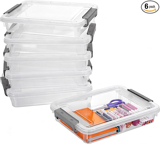 Citylife 6 PCS Clear Plastic Container Clip Box with Latching Lids, Stackable Document Paper Protectors Organizer Container for Office, Home, and School Supplies