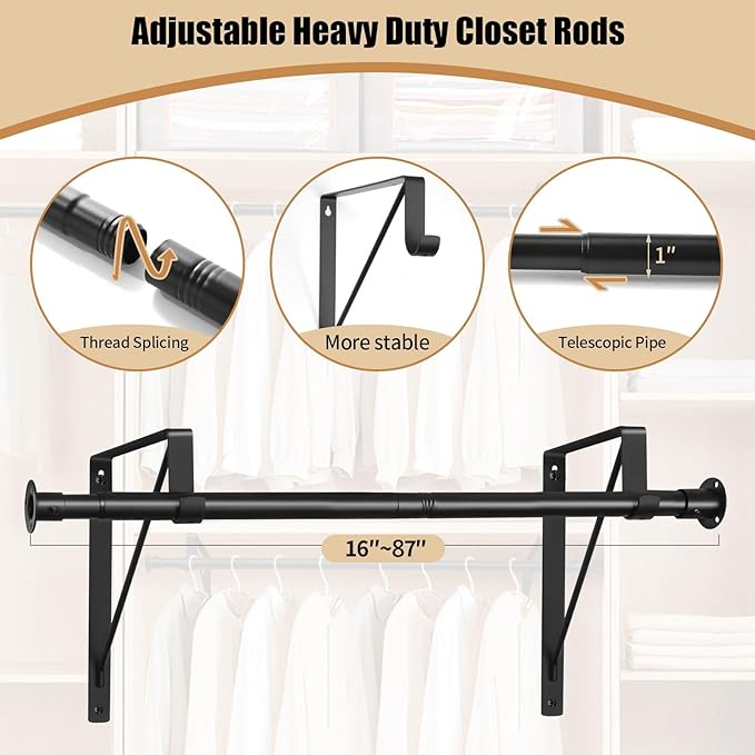 Closet Rod, 16 to 87 Inch Closet Rods Heavy Duty Adjustable Wardrobe Poles for Hanging Clothes and Heavy Duty Bracket Closet Pole Support (The Shelf NOT Included)(Black)