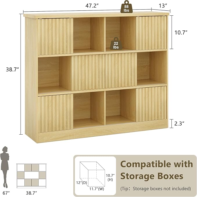 iPormis 12 Cube Bookcase with 6 Fluted Sliding Doors, 3 Tier Wooden Bookshelf, 47.2” Freestanding Cube Storage Organizer for Living Room, Office, Bedroom, Semi-Open Bookshelves, Natural
