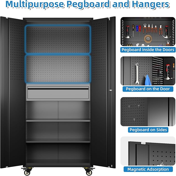 Metal Garage Cabinet with Wheels,71''H Rolling Lockable Steel Tool Cabinet with Pegboard & 1 Drawer for Garage,Home,Office Assembly Required,Black