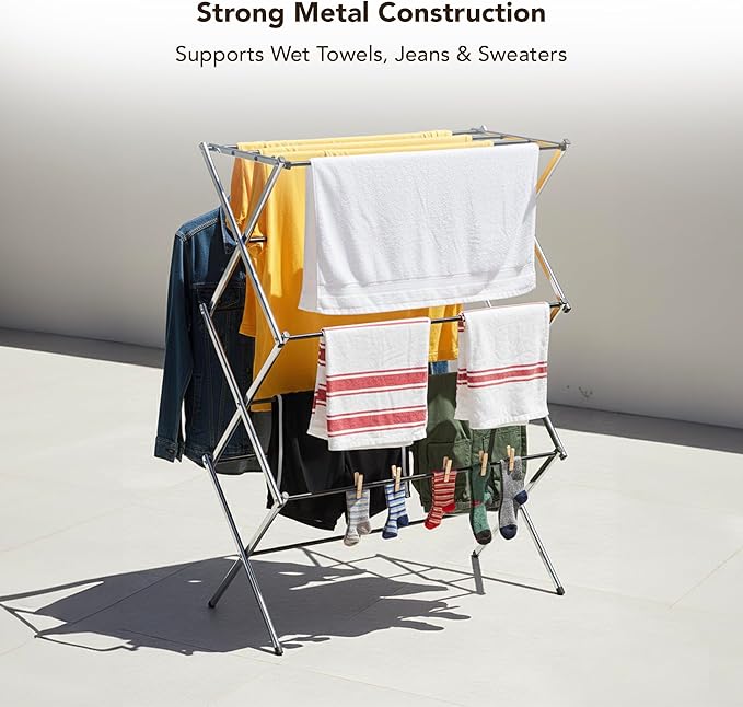 Displays By Jack Portable Collapsible Clothing Dryer Rack, Foldable Drying Rack for Clothes, Lingerie, Towels, Linens, Laundry Home Apartment Must Haves, Metal Chrome Finish
