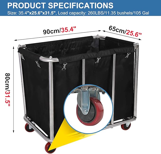 Large Laundry Cart with Wheels,Commercial Stainless Steel Heavy Duty Service Cart Laundry Hamper for Hotel/Home/School/Resort