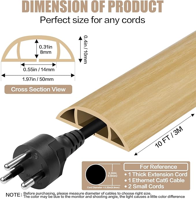 Floor Cord Cover Self Adhesive Cord Hider,10FT Cable Management, Extension Strip Protector for Wires, Prevent Cable Trips for Offices, Gyms, Exhibitions Cavity:0.47"(W) x0.35(H) WoodLightyellow