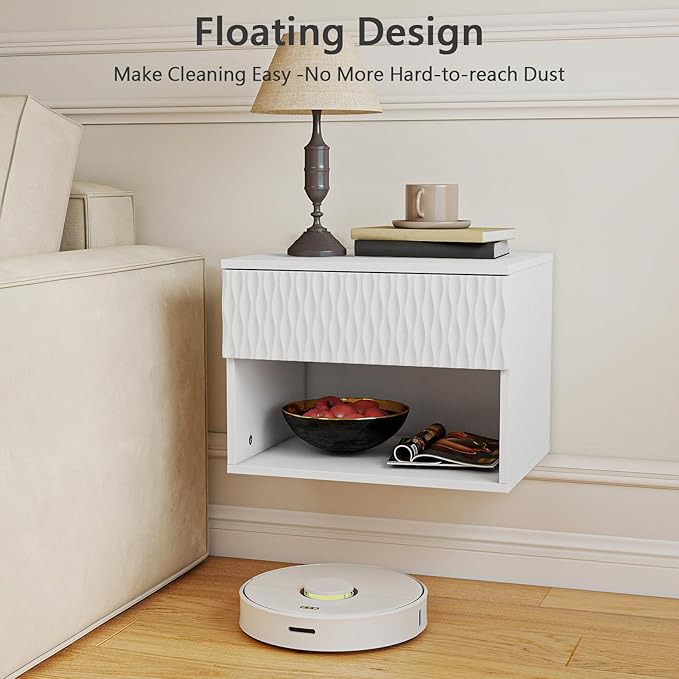 Vibe & Dine Floating Nightstand Set of 2, Wall Mounted Night Stand with Wavy Pattern Design, Modern Bedside Tables with Drawers for Bedroom, Easy Assembly, White