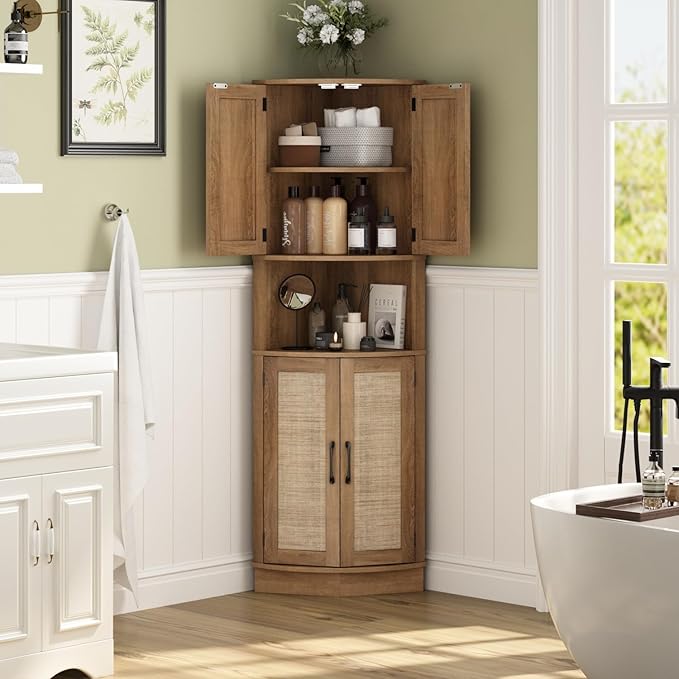 Tall Corner Cabinet, 64.7" Rattan Corner Storage Cabinet with 4 Doors and 5 Storage Shelves, Farmhouse Space Saver, Boho Shelf for Living Room, Kitchen, Bathroom, Office