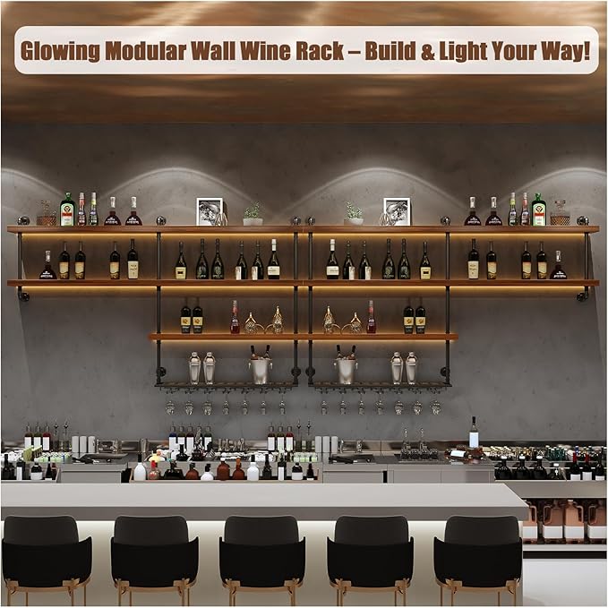 Solid Wood Wall Mounted Wine Rack, Large Wine Rack with LED Light, 4 Tiers Liquor Bottles Floating Shelves with Glass Holder, Industrial Bar Shelves for Home Bar Dining Room (102.4 IN/ 260CM)