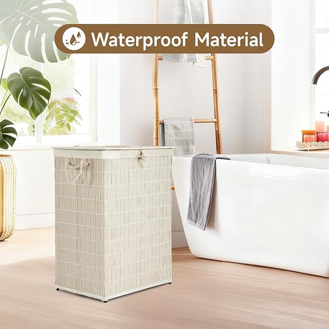 Laundry Hamper with Lid, 52.8 Gallon(200L) Large Laundry Basket 2 Removable Liner Bags, Synthetic Rattan Clothes Hamper with Side Pocket, laundry organization for bathroom, laundry room, White