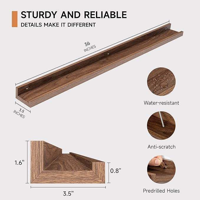 Fun Memories Picture Ledge Shelf for Wall, Floating Shelves Set of 4, 36 Inch Long Nursery Book Shelves for Toys Storage, Kids Bookshelf Wall Mounted for Books Photo Frames, Walnut