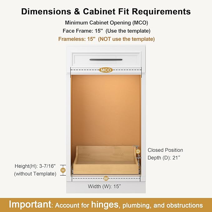 ALINE FURNITURE Birch Pull Out Drawers for Cabinets, 15" W x 21" D x 6" H Soft-Close Slide Out Drawer for Kitchen Cabinets, Pull Out Shelves, Pantry Cabinet Organizer, with Pre-Drilled Wood Template