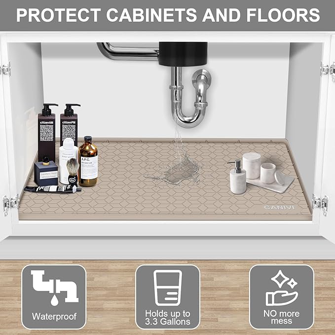 Under Sink Mat, 34" x 19" Waterproof Silicone Under Sink Tray for Kitchen & Laundry Cabinets, Kitchen Cabinet Shelf Protector, Up to 3.3 Gallons Liquid, Fits 36 inch Standard Cabinet Apricot