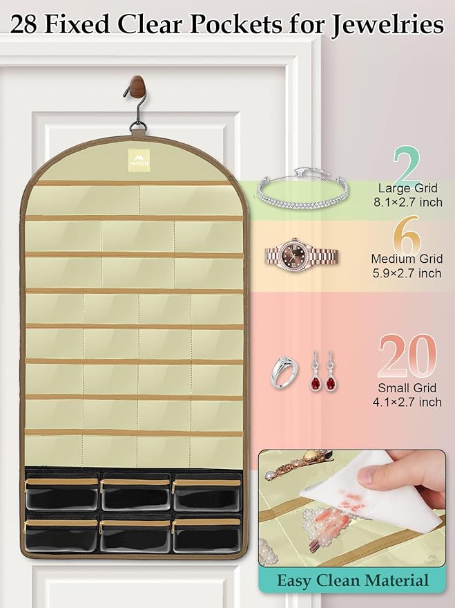 MATEIN Over the Door Jewelry Organizer with Travel Pouch, Double-Sided Hanging Necklace Earring Holder with Pockets, Large Jewelry Storage for Rings Bracelets, Christmas Gifts for Her, Beige-Brown