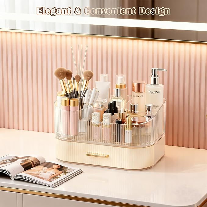 Makeup Organizer for Vanity with Stackable Drawers, 360 Rotating Makeup Brush Holder Large Cosmetic Display Case for Dresser, Bathroom Countertop Skincare Organizers and Storage