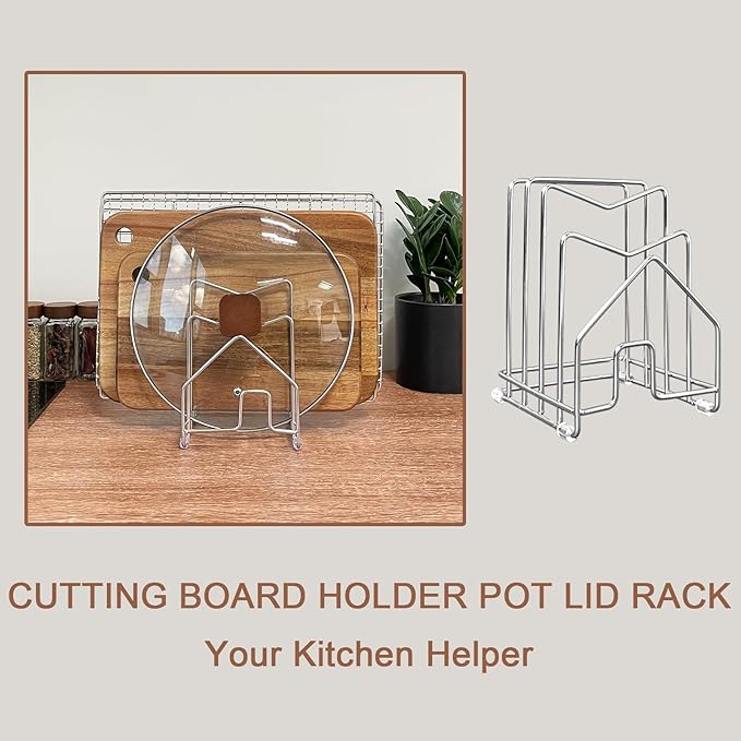 Pot Lid Organizer Cutting Board Holder Inside Cabinet 304 Stainless Steel Pots and Pan Organizer Under Cabinet Pot Cover Cookie Sheet Bakeware Serving Tray Cooling Rack Stand Kitchen Countertop