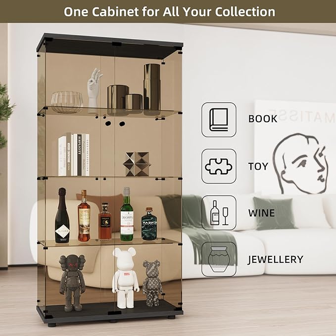 Beauty4U Glass Display Cabinet with 4 Shelves, 2 Doors Curio Cabinets for Living Room, Bedroom, Office, 5mm Brown Tempered Glass Floor Standing Bookshelf, Quick Installation