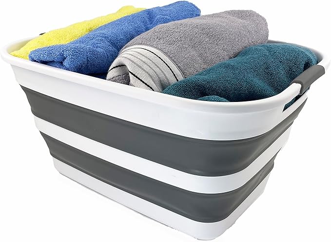 SAMMART 27L (7.1 Gallons) Collapsible Plastic Laundry Basket with Handle-Foldable Pop Up Storage Basket with handle (2, White/Steel Grey)
