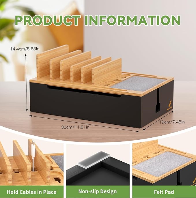 Pezin & Hulin Bamboo Charging Station, Electronic Devices Organizer for Multiple Devices Charger Such As Cell Phone, Tablet, Watch and More, Natural+Black, (No USB Charger and Cables