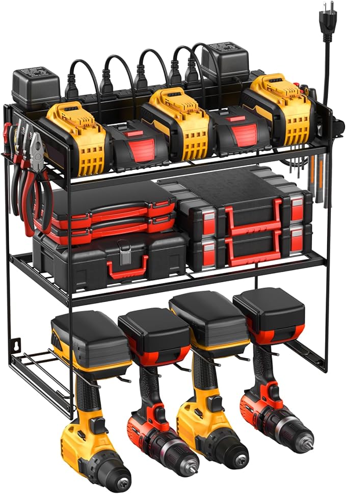 JUNNUJ Power Tool Organizer with 10 Outlet Power Strip, 3 Layer Wall Mount Drill Holder with Charging Station, 4 Drills Storage Shelf Shop Garage Utility Rack, Black