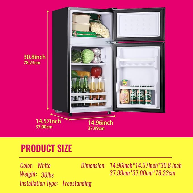 Mini Fridge with Top Freezer Apartment Size Dual Door Compact Small Refrigerator for Personal Use Small Mini Fridge with Egg tray, 7 Temperature Control For Dorm, Apatmet, Dark Grey