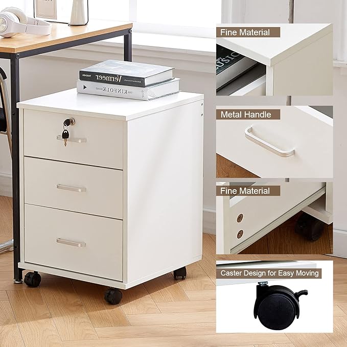 TUKAILAi Mobile File Cabinet with 3 Drawers, Lockable Storage Unit Wooden Rolling Office Filing Cabinet with Wheels, for Legal/Letter/A4 Sized Documents Home Office (White 2PCS)