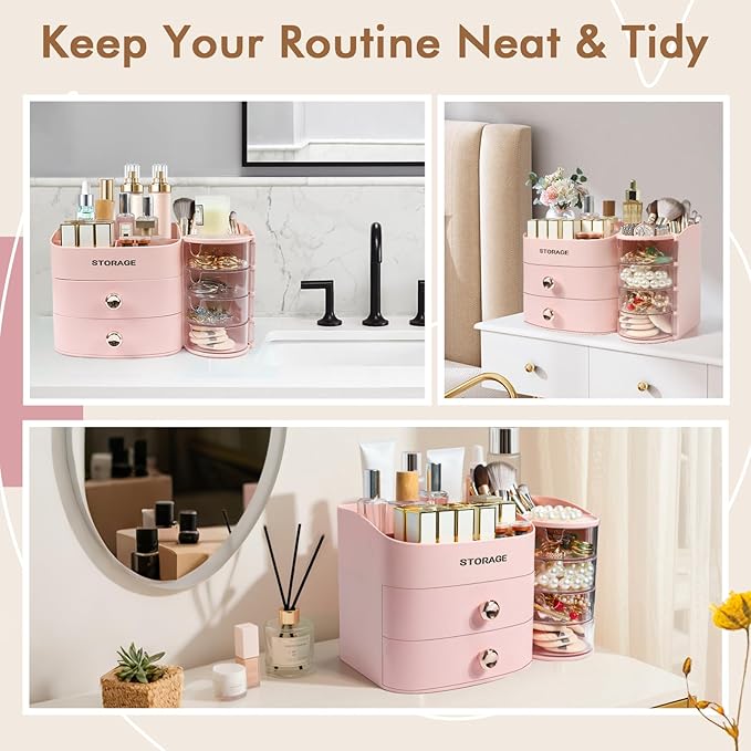 XIAPIA Makeup Organizer Countertop, Make Up Organizer for Vanity, Skincare & Cosmetic Organizers with Drawers, Bathroom Organizers Storage for Brush Holder|Lipstick|Jewelry, Ideal Gift for Women PINK