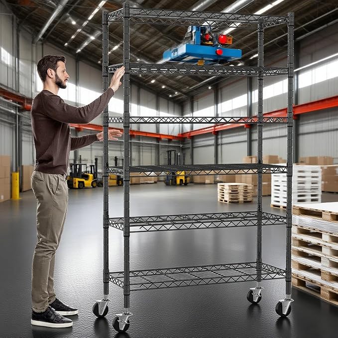 6-Tier Storage Shelves NSF Certified Wire Shelving Unit on Wheels Heavy Duty Metal Shelves Adjustable Steel Shelving 2100Lbs Capacity for Closet Pantry Basement- (18"x48"x82", Black)