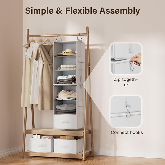 Pipishell 6-Shelf Hanging Closet Organizer, Hanging Shelves with 2 Separable 3-Tier Shelves, Closet Shelves Organizer with 3 Removable Drawers for Bedroom, Dorm Room, Camper and Nursery (White)