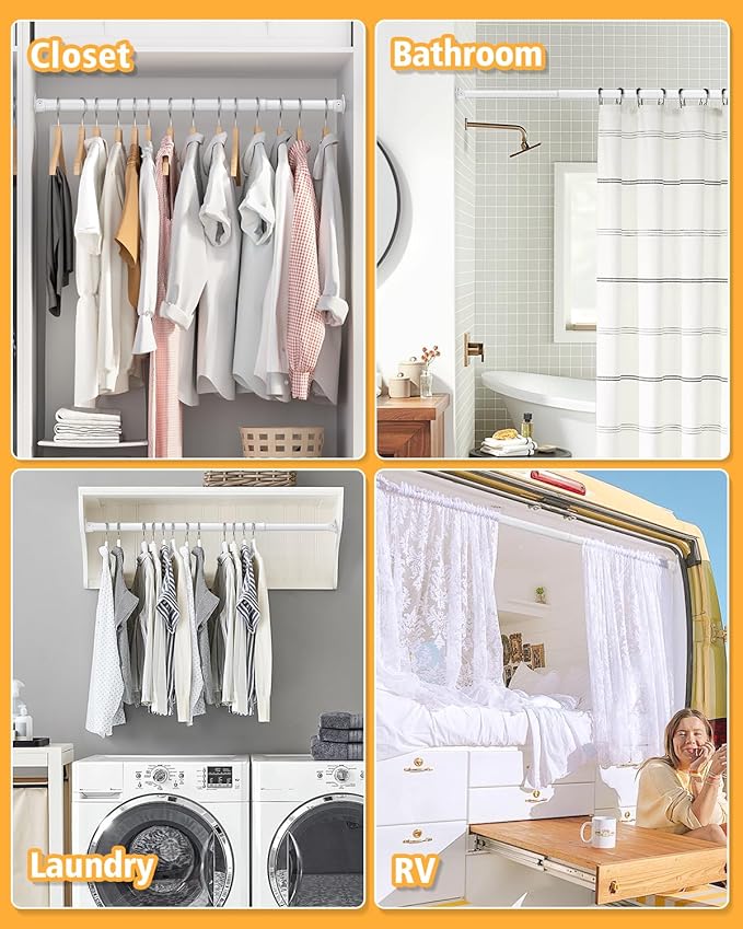 Closet Rod, 17 to 64 Inch Heavy Duty Adjustable Metal Clothing Rack for Hanging Clothes, Closet Poles for Wardrobes, Laundry, Durable Steel, White