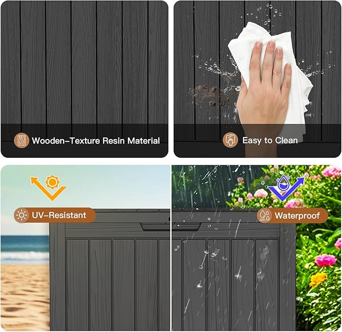 Outdoor Storage Box - Lockable Waterproof UV-Resistant Resin Deck Box for Patio Cushions, Garden Tools, Pool Accessories, Black/Grey, 45/180 Gallon (Black, 45 Gallon)