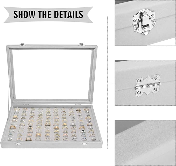 Velvet Ring Display Tray Organizer Box with Transparent Lid, 100 Slot Ring Holder Showcase For Store Display Jewelry Show Home, Ring Organizer For Rings Earrings (Grey)