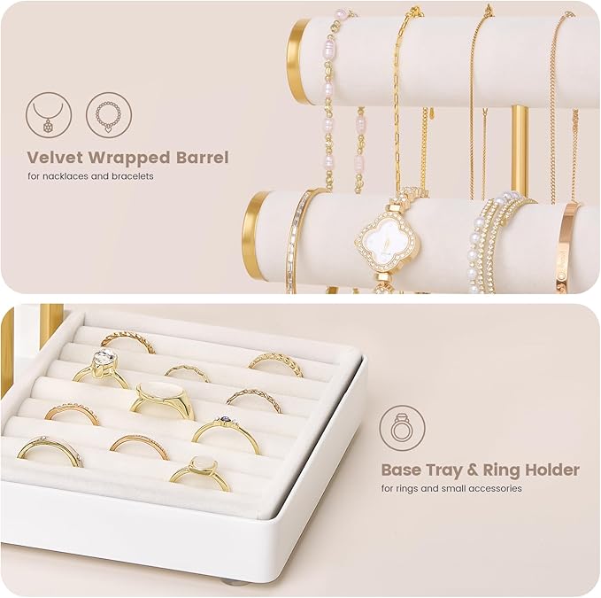 Lolalet Bracelet Display Stand Necklaces Holder, 5 Tiers Jewelry Organizer and Storage Rack with Velvet Slot and Metal Base, for Women Bangles Watches Ring Earrings -White