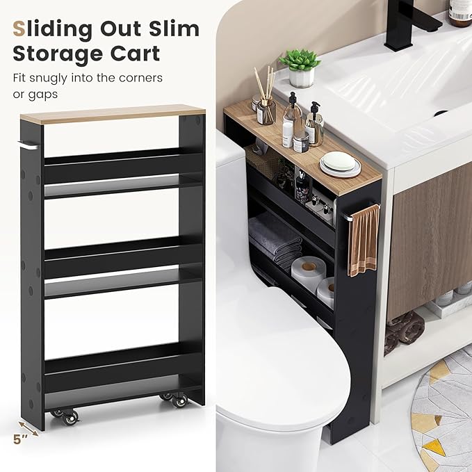 MAT EXPERT Slim Rolling Storage Cart, 4-Tier Freestanding Slim Storage Cart with Wheels 360 Degree & Metal Handle, Wooden Utility Cart for Narrow Kitchen, Laundry Room, Bathroom (Black + Natural)