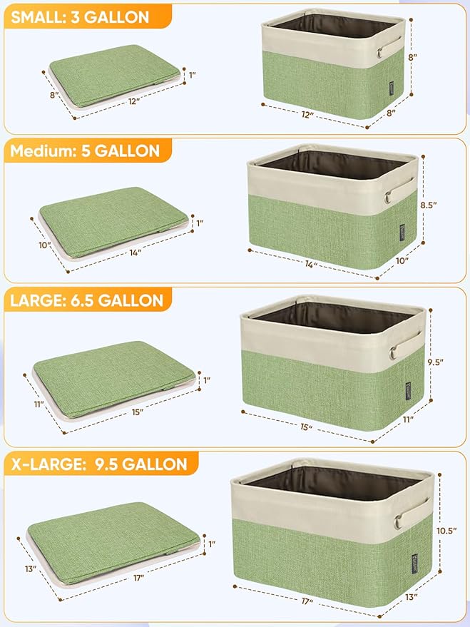 BALEINE 2 Pack Fabric Storage Bins for Shelves, Linen Storage Baskets for Organizing, Decorative Closet Bins for Clothes, Home (Green, 17''x13''x10.5'')
