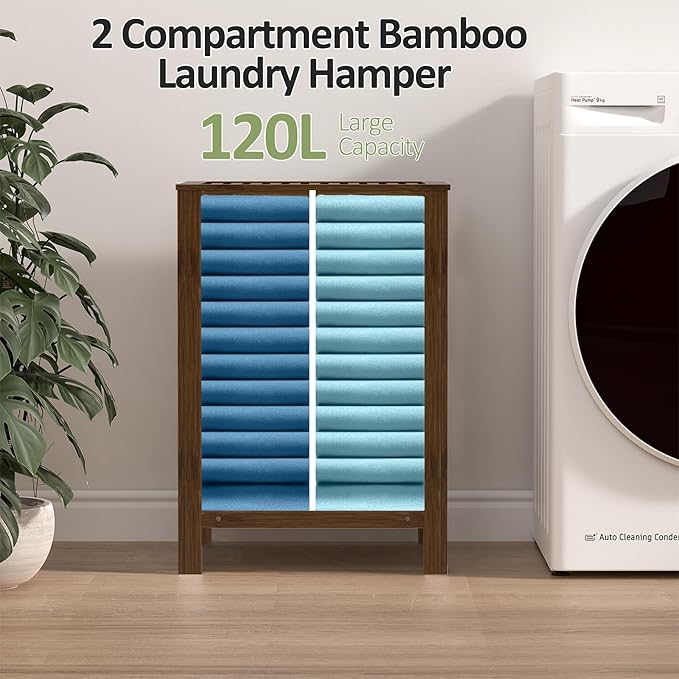 Bamboo Laundry Hamper with Lid, 120L Large Double Laundry Basket with Removable Liner Bag, 2-Section Clothes Laundry Sorter for Bedroom, Bathroom, Laundry Room,18.5 x 18.5 x 25.6 IN, Walnut