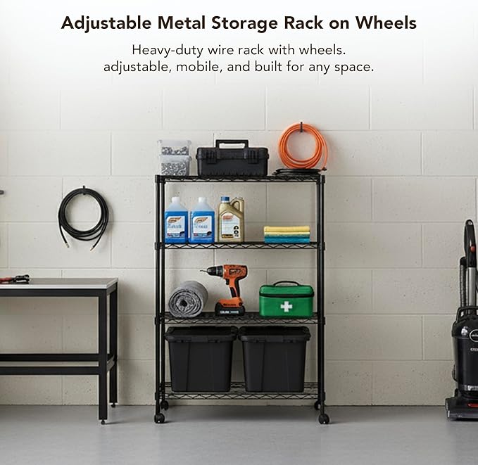 Displays By Jack 4 Tier Wire Shelving Unit Storage Rack, Metal Heavy Duty Utility Organization Units for Products Plant Standing Shelf, Pantry, Garage, Shelf Stand, Black, 14" W x 30" L X 48" H