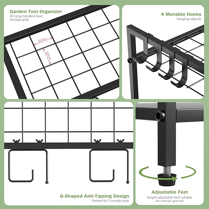 Garden Tool Organizer for Garage, Yard Tool Rack, Holds Up to 36 Long-Handled Tools, Black Metal Garden Tools Rack Storage with Hooks for Yard Shed Garage Organization