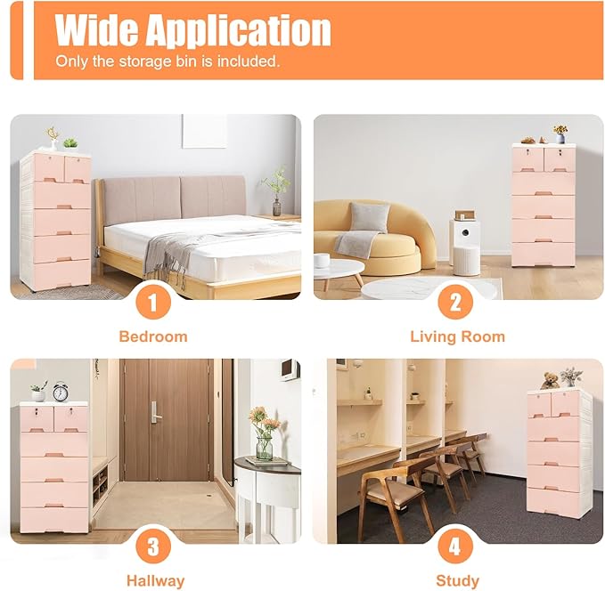 5-Layers Plastic Dresser with 6 Drawers Movable Chest of Drawers Locked Storage Cabinet Craft Organizers and Storage for Bedroom Entryway Hallyway, 19.7’’ W*13.8’’ D*40’’ H (Pink)