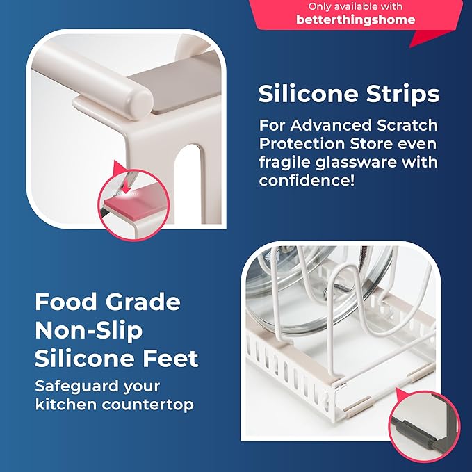 Better Things Home 14+ Dual Pan and Pot Lid Organizer Rack Set for Cabinet - Includes 1 Large Rack & 1 Compact Rack for Bakeware, Lids & Pans (White Sand, PAN + LID SET)