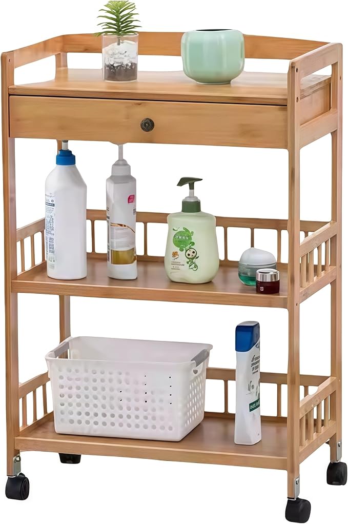 Kitchen Carts on Wheels with Storage, Rolling Storage Cart with Handles, Lockable Wheels, Top Drawer, Utility Carts on Wheels Microwave Stand for Kitchen, Living Room