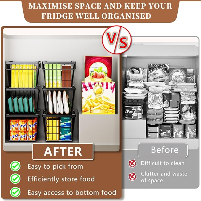 Enhanced Leak-Proof Bottom - Freezer Organizer Bins ，6 Pack Stackable Deep Freezer Organizer Bins for 7 Cu.FT Small Chest Freezer，Easy Get Bottom Foods without Digging