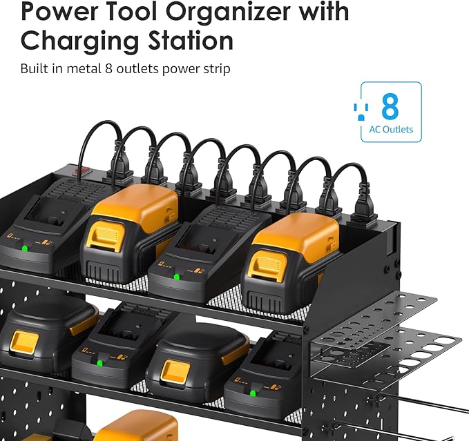 CCCEI Modular Pegboard Rack Power Tool Organizer with Charging Station. 4 Layer Wall Mount Drill Holder, Tool Battery Charger Organizer. Garage Shop Storage Utility Shelf with 10FT Power Strip.
