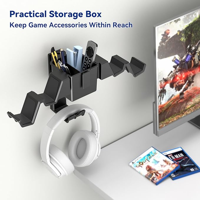 KDD Controller Wall Mount & Headset Holder, Universal Gaming Organizer Stand with Storage Box, Fits Xbox Series X/S, PS4, PS5, Switch, Steam, Gamepad Hanger for Headphones & Accessories