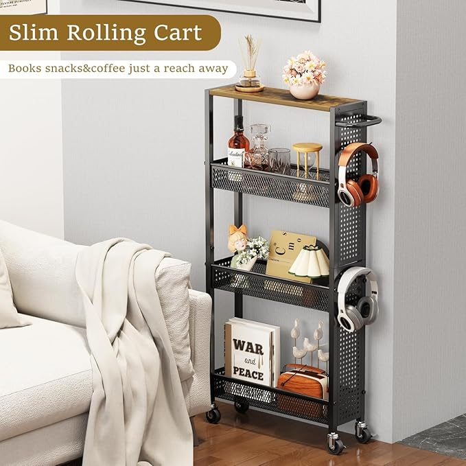 Utility Slim Storage Cart 4 Tier Small Rolling Kitchen Laundry Room Organization Cart with Wood Top Metal Narrow Laundry Room Shelves Cabinet Unit Laundry Organizer Trolley with Handle for Small space