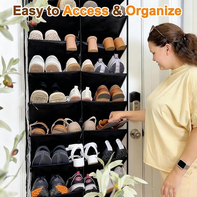 30 Pairs Over the Door Shoe Organizer, Clear Pockets Hanging Shoe Storage for Closet, 10-Tier Door Shoes Rack Storage, Handing Shoes Holder Fit All the Family's Sneakers, Boots, Heels, Black