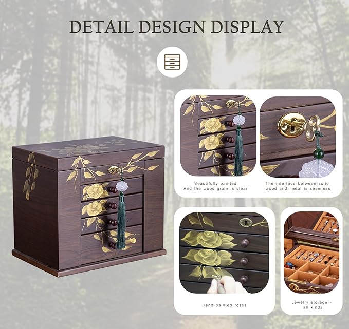 Wooden Jewelry Box for Women, 5-Layer Large Wood Jewelry Boxes & Organizer with Drawers for Rings Necklaces,Hand-painted rose flowers jewelry case organizer,jewelry safe