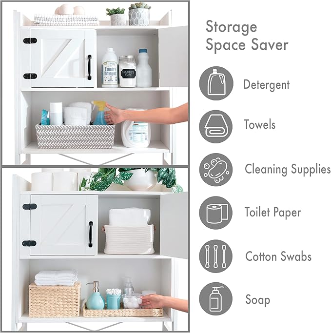 Over The Washer or Over The Toilet Storage Cabinet w/Height Adjustable Shelf Laundry Room/Bathroom Organizer Rack, 2-Door Freestanding Rack Space Saver, White