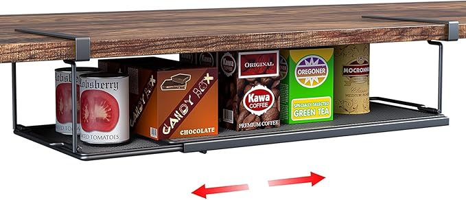 Expandable Under Cabinet Shelf, Extendable Under Shelf Storage with 0.94 Inches Thick Clips for Pantry Cabinet, Laundry Room, Shoe Rack. (Black, 1 Pack, Interior: 3.66" H x 8.26" D)
