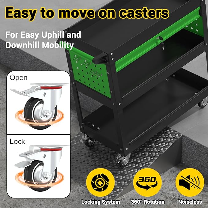 3 Tier Rolling Tool Cart on Wheels, 550 LBS Tool Cart with Drawers，Heavy Duty Utility Cart with Pegboard and Hooks，Mechanic Tool Storage Cart for Garage, Warehouse (Black-Green)